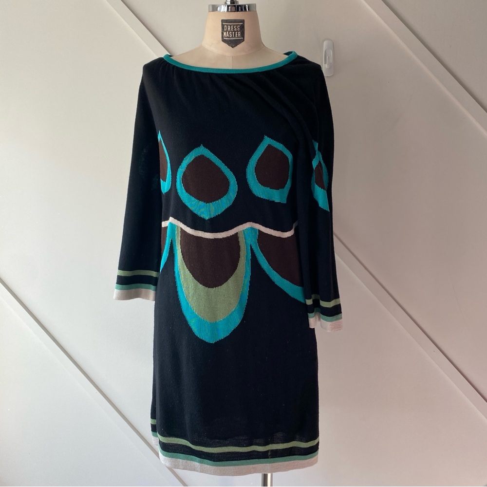 Missoni Black Teal Abstract Print Knit Wool Dress Size 2 | 3/4 Sleeve AS IS